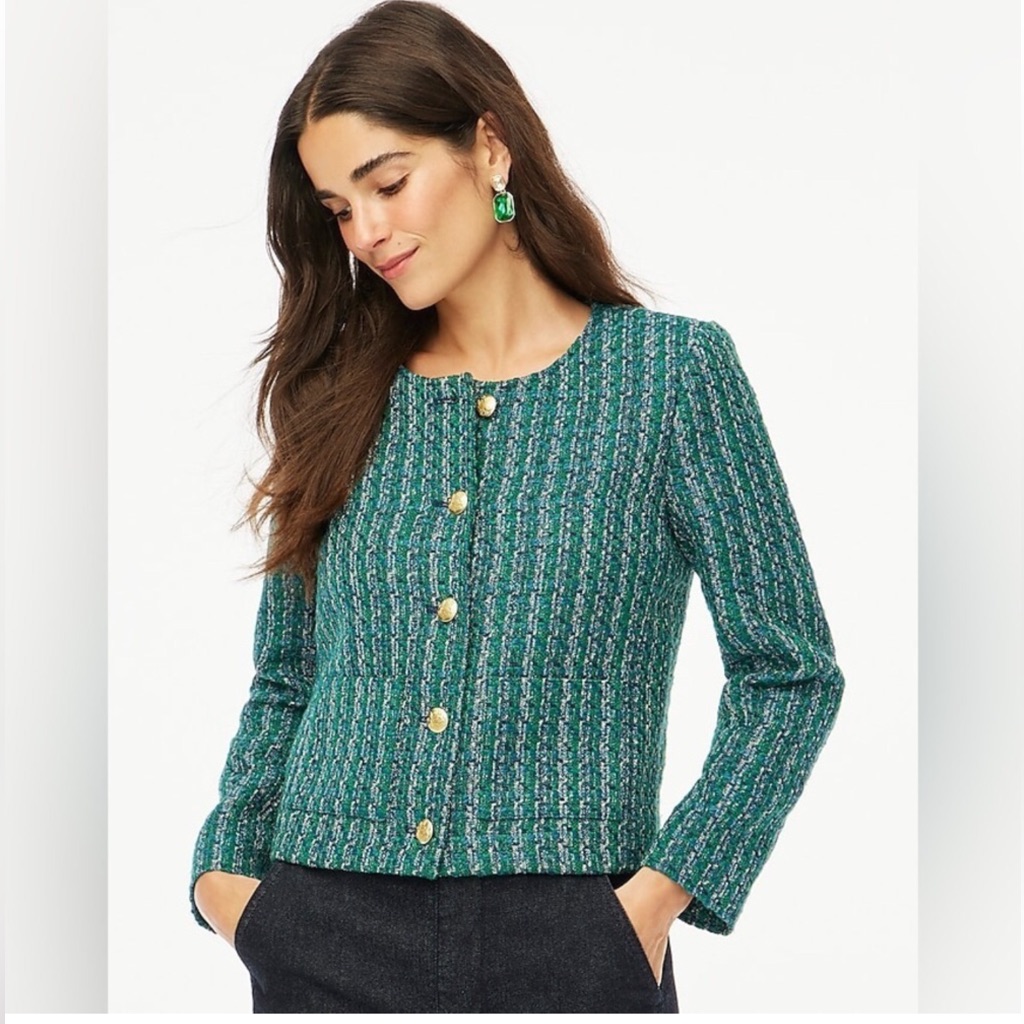 J. Crew Green Cropped Tweed Jacket With Gold Buttons Size 00